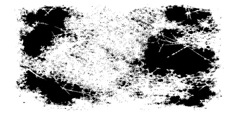 Naklejka premium Abstract grunge background featuring a black ink splat with a dirty texture and liquid paint splash elements, creating a vector brush stroke illustration with a spray stain border