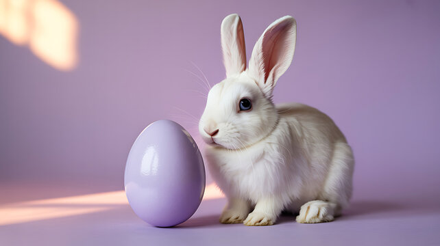 White rabbit sitting next to a large purple egg on a purple background with sunlight