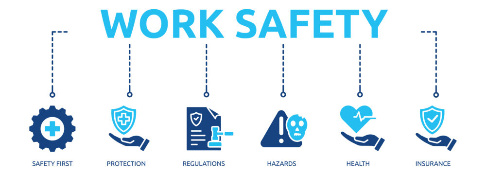 work safety glyph banner icon of safety first, protection, regulations, hazards, health, insurance