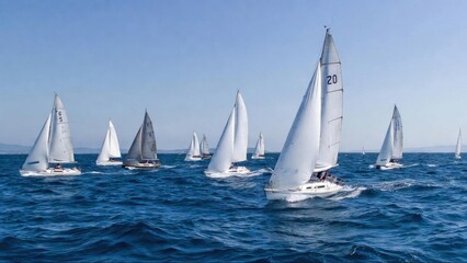 Fototapeta premium Fleet of sailboats racing across open sea on sunny day