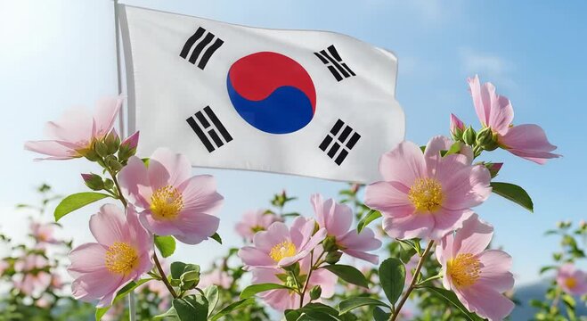 south korea flag fluttering among pink blossoms in a sunny field
