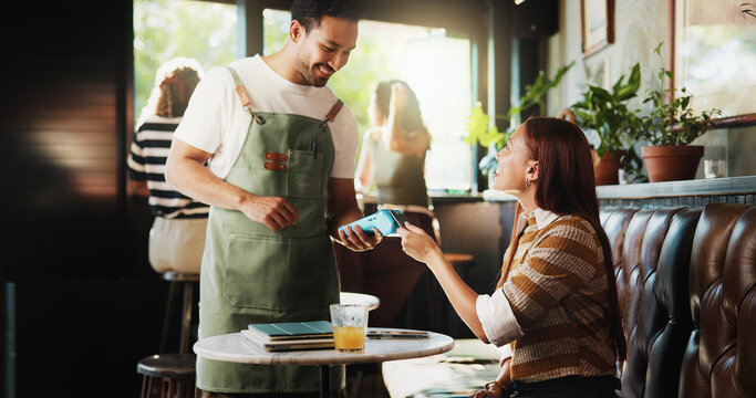 Happy people, customer and waiter with pos machine in coffee shop for credit card payment. Man, woman or smile with NFC or debit for order, wireless transaction or banking in small business cafe