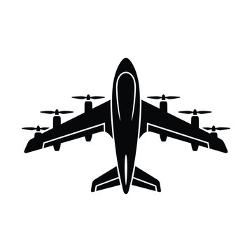 Black silhouette of a multi-rotor e vtol aircraft with six propellers, viewed from directly above