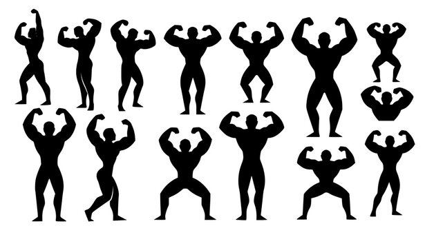 Minimal bodybuilder silhouette icon set with muscular athlete figures in clean vector design collectionMinimal bodybuilder silhouette icon set with muscular athlete figures in clean vector design coll