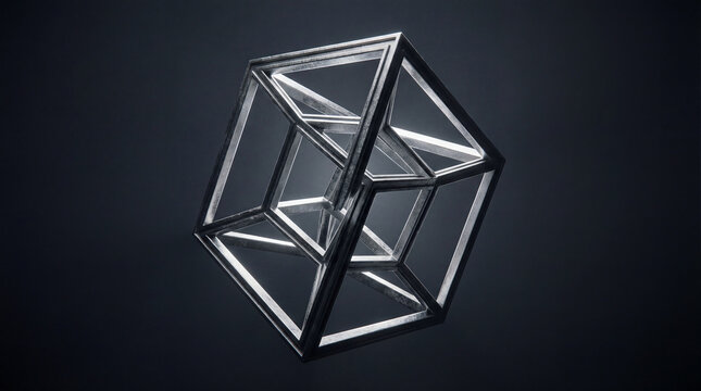 Interlocking Silver Tesseract Cage Floating in Dark Void for Futuristic Art and Design Inspiration
