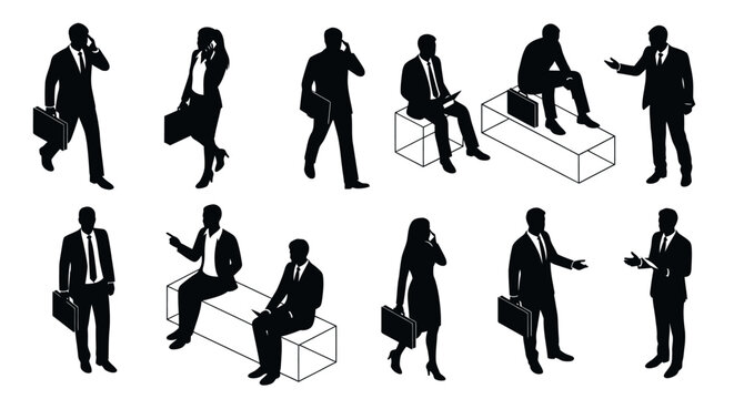 business people silhouettes in suits with briefcases talking and walking