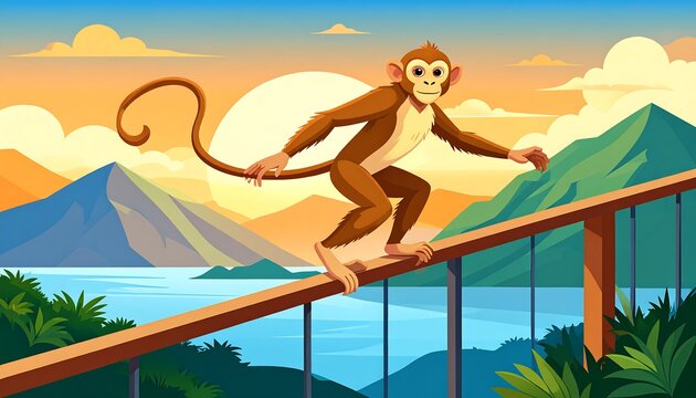 Animated depiction of a monkey balancing on a wooden railing with a scenic backdrop of mountains and a sunset over water