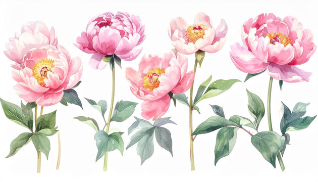 Watercolor pink peonies isolated on white