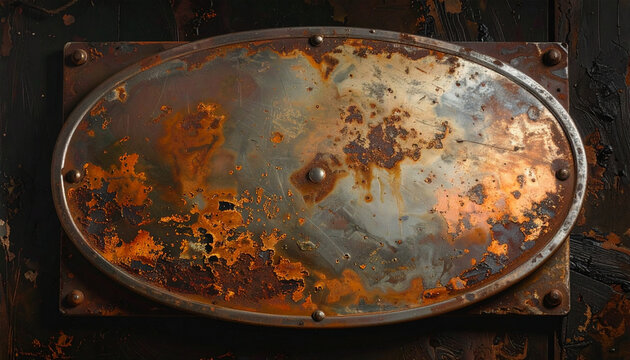 Weathered metal plate with rust and age details on dark surface