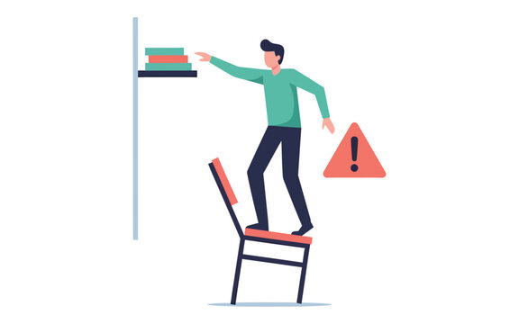 Man Standing On Chair Reaching Shelf With Warning.
