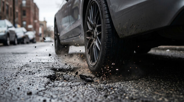Car wheel hitting a deep pothole on a city street with sparks