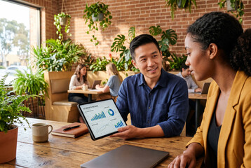 Fototapeta premium Diverse colleagues reviewing business growth data on tablet in cafe