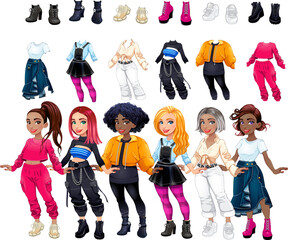 Fototapeta premium Fashion illustration, diverse girls, clothing sets, vector characters, outfits, accessories