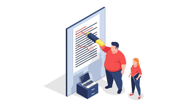 Isometric illustration of people editing a document on a giant screen.