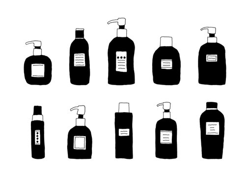 ラベルが貼られている様々な形の容器の手描きイラストセット（黒）