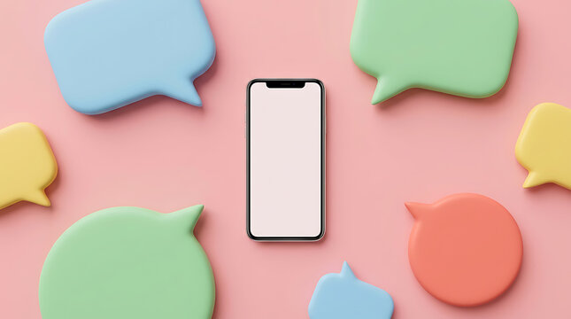 A smartphone surrounded by colorful speech bubbles on a pink background, representing communication and messaging