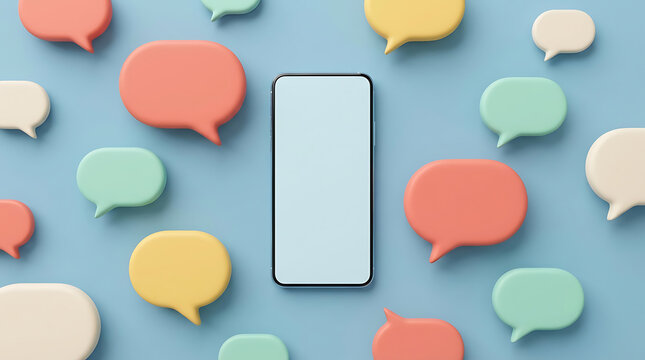 A smartphone surrounded by colorful speech bubbles on a blue background, representing communication and messaging