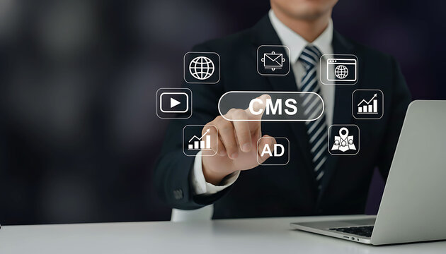 Businessman using digital cms interface content management marketing analytics