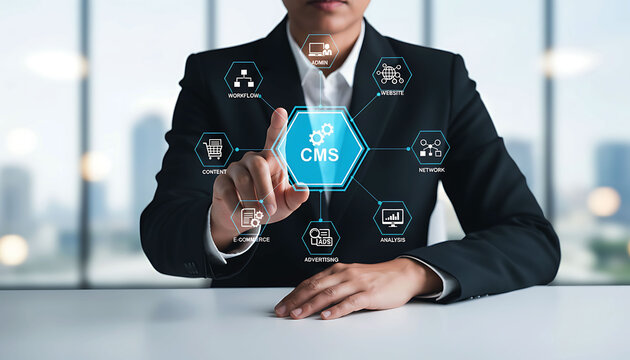 Business professional using CMS interface digital content management concept
