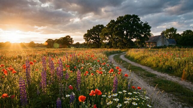 A picturesque dirt path winds through a vibrant wildflower meadow at sunset, with trees and a distant building under a dramatic sky.