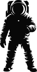 Fototapeta premium Astronaut space suit silhouette with helmet visor, high-contrast stenciled astronaut figure, EVA astronaut pose and explored outer space mood for