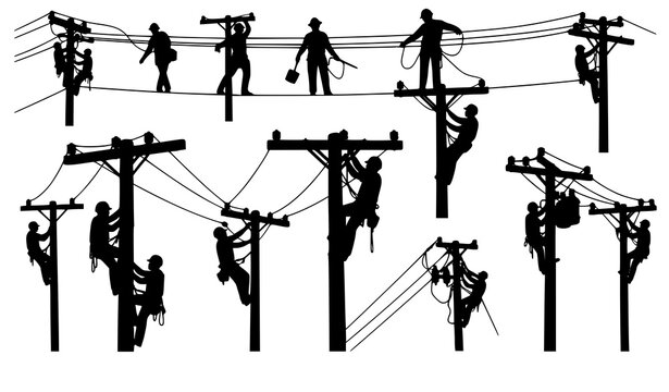 Electrician and lineman silhouette collection with utility pole climbing and power line repair vector set