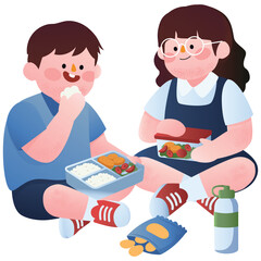 Obraz premium Student Social Life Illustration. Vector illustration of Two students eating lunch together with food and snacks, school break time. Isolated on background
