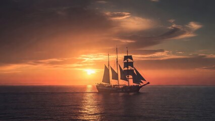Fototapeta premium Three masted ship sailing near horizon at sunset
