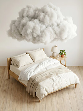 A serene bedroom with a cloud above the bed and a plant on the nightstand