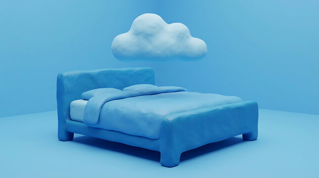 A serene blue bed with a cloud above it in a peaceful room