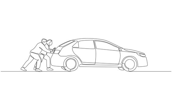 Continuous one line of people helping each other push broken-down car, good citizens in society concept, single line art
