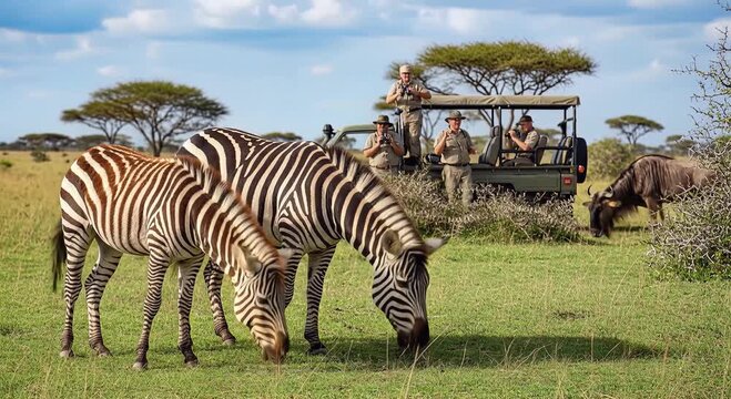 zebras grazing on savannah with safari jeep and tourists in africa