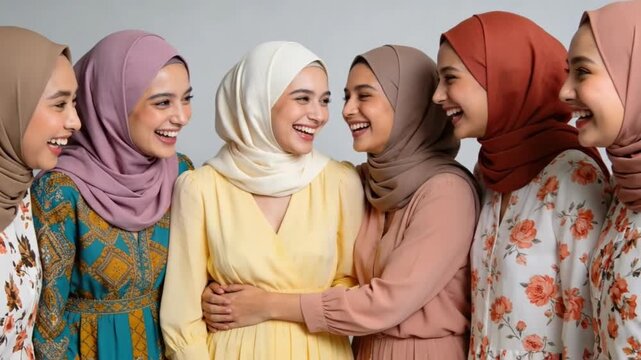 Diverse group of smiling young women wearing colorful hijabs and fashionable modest clothing, showcasing friendship and cultural pride