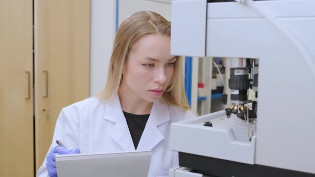 Advanced analytical instrument HPLC operated by laboratory technician in pharmaceutical research facility