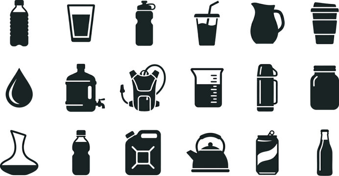 Black bottle icons set, minimalist glass and plastic container silhouettes, 10 beverage and liquid packaging vector elements for branding and web design 
