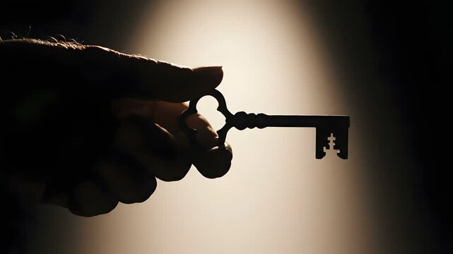 Hand silhouette holding vintage skeleton key against golden light background