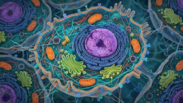 Cellular life, intricate biologic structure displaying nucleus, mitochondrion, ribosome, membrane, cytoplasm, vital organelle, complex internal system, scientific microscopic element.