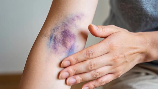 Woman examining a painful bruise on her arm, showing skin injury and hematoma in detail.