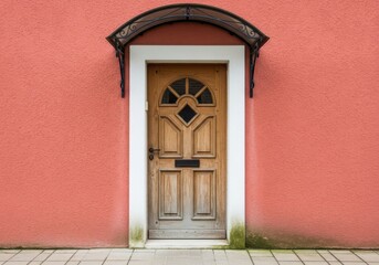 Fototapeta premium Vintage wooden front door with arched window on pink stucco house exterior