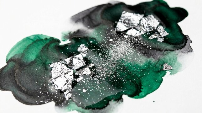 Emerald Green and Black Abstract Watercolor Ink Splas with Silver Foil Accent o White Background