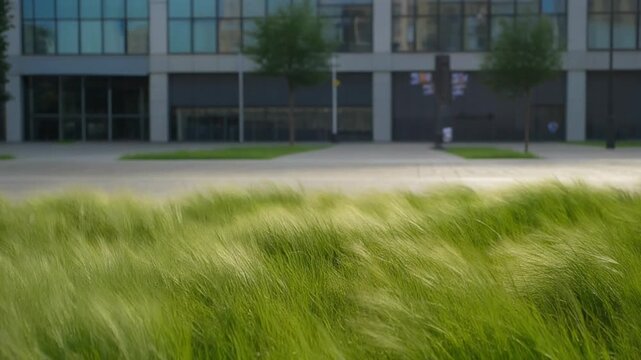 Blurred grass sways in front of a large modern building exterior with trees.