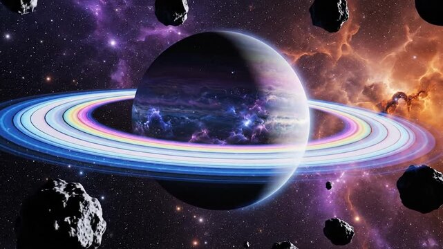 Cosmic planet with rings and asteroids floating in space universe