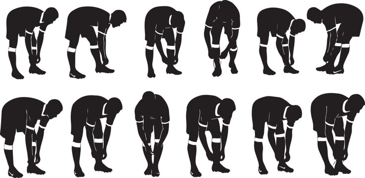 Flat vector football player tying shoelaces before match, simple character design,