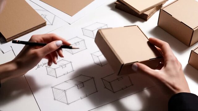 Packaging Design Process: Hands Drawing Box Sketches, Holding Cardboard Package