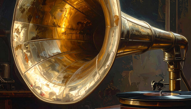 Vintage gramophone close up with golden horn and turntable detail