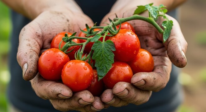 Close-up of dirty hands holding freshly picked ripe red tomatoes with green leaves.