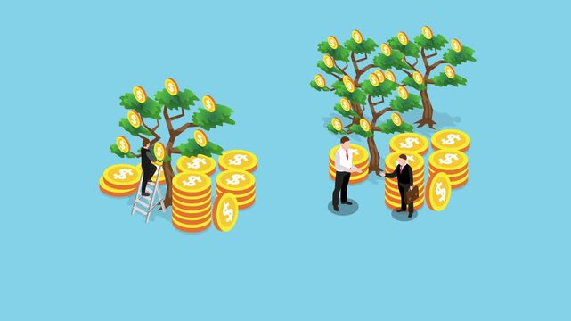 Business Investment and Financial Growth Concept with Money Trees and Businessmen 3d animation cartoon