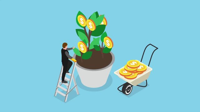 Businessman Harvesting Gold Dollar Coins from Money Tree into Wheelbarrow 3d animation cartoon