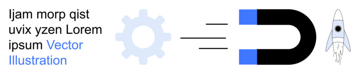 Innovation, science, technology, creativity, energy, attraction. Black and blue magnet pulling a rocket with a gear icon. Innovation and science concept for progress and creativity © robu_s