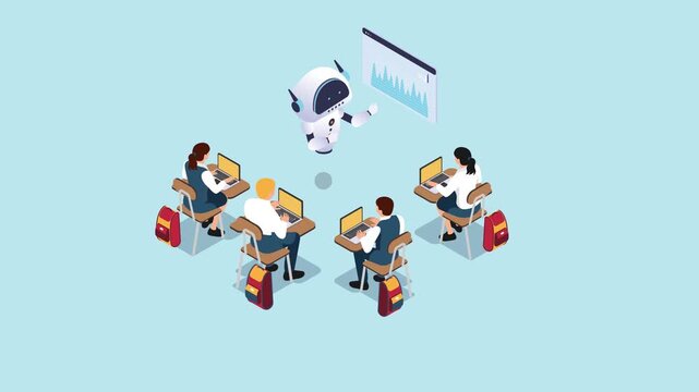 AI Robot Teacher Explaining Data Analytics to Students in a Modern Classroom 3d animation cartoon